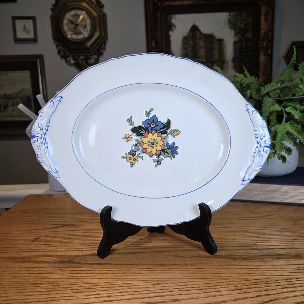 Vintage Royal Fenton England Oval Serving Platter | Floral Blue Scrollwork